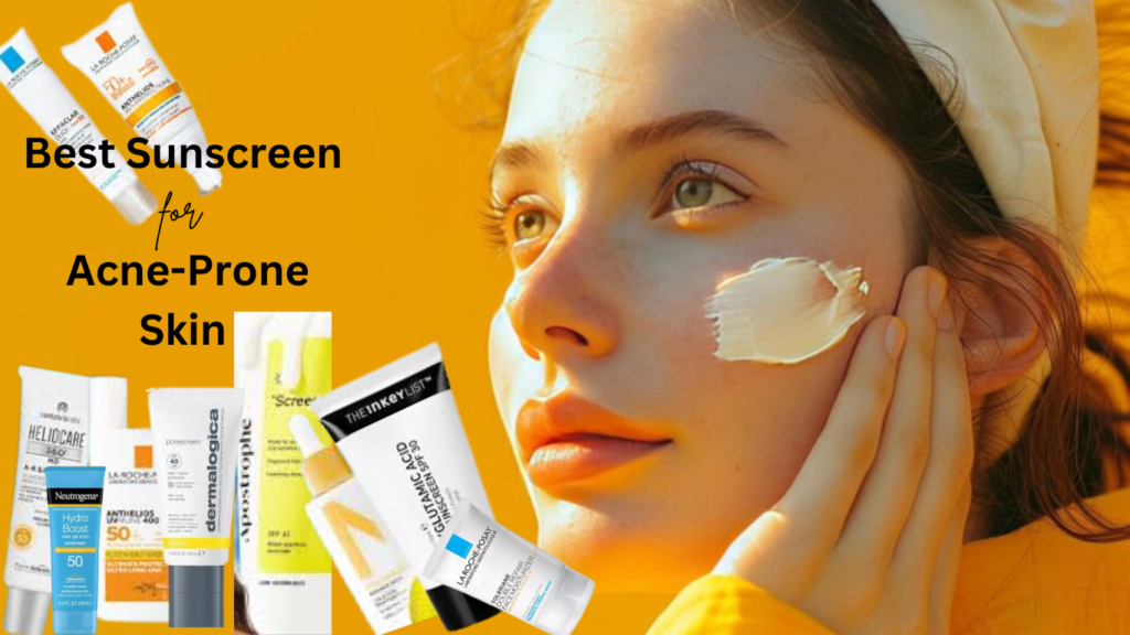 A pretty girl applying sunscreen with multiple dermatologist-recommended sunscreens displayed around her.