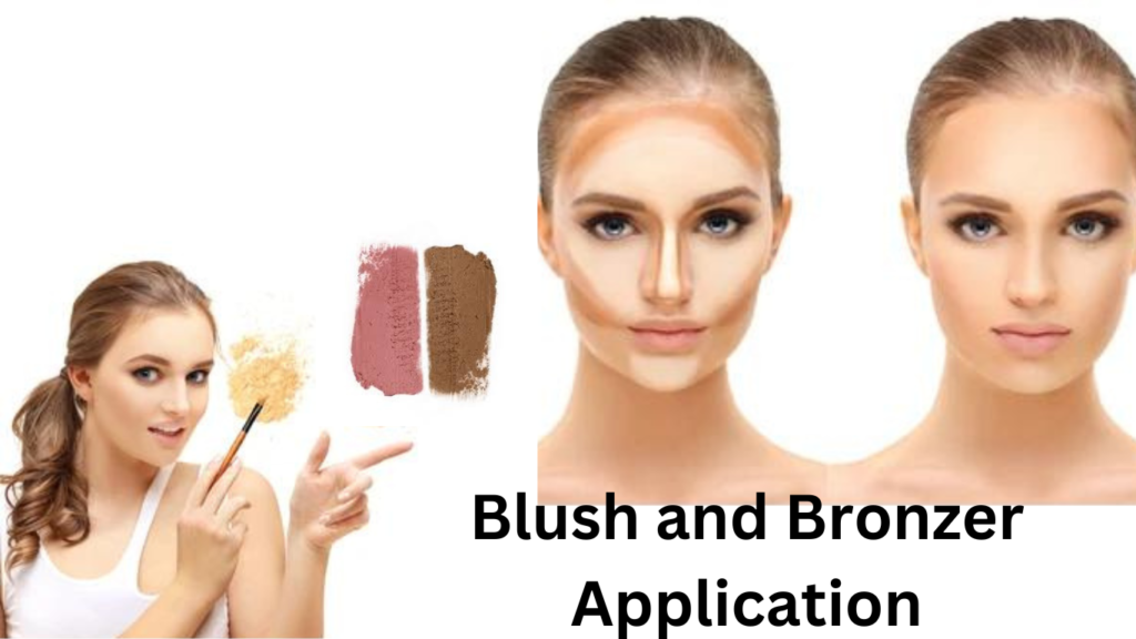 Women before and after applying bronzer and blush in a latte makeup look.