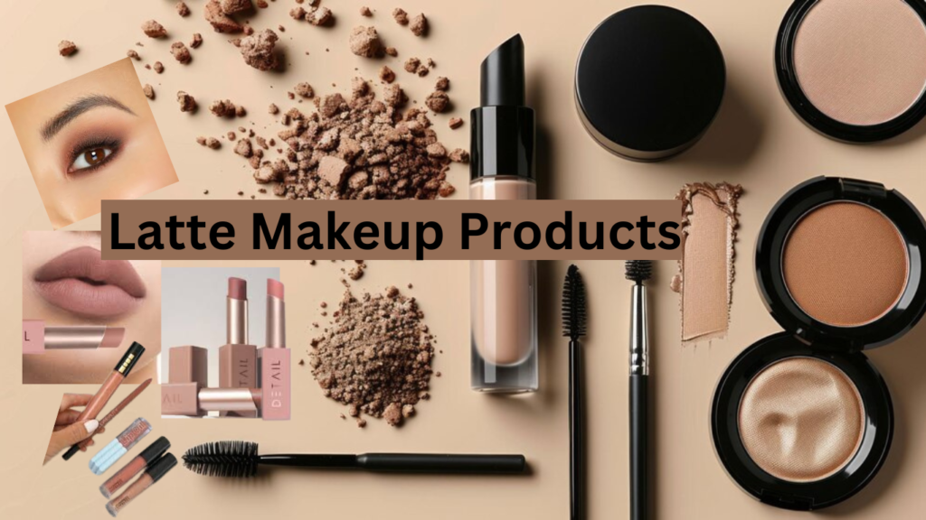 Assorted latte makeup products including foundation, bronzer, blush, and eyeshadow.