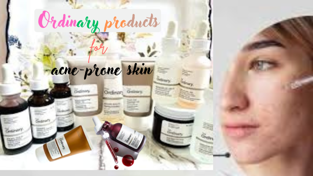 A girl applying acne serum with multiple Ordinary products for acne-prone skin displayed around her.