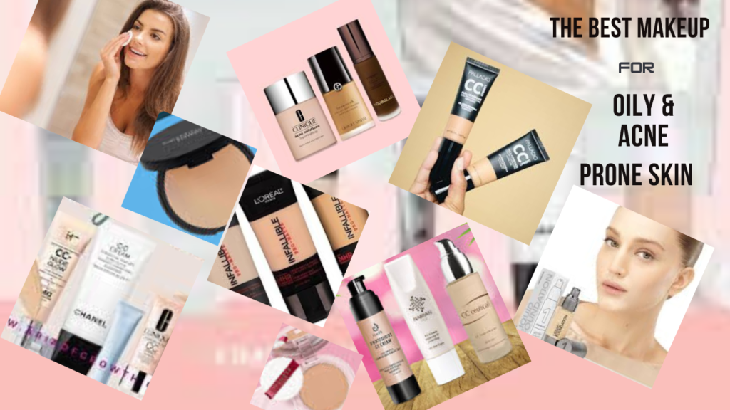 Two women with clear skin and multiple best makeup products for acne-prone skin are displayed in front of them.