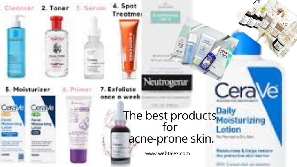 Multiple best products for acne-prone skin, including cleansers, serums, and moisturizers, displayed together.