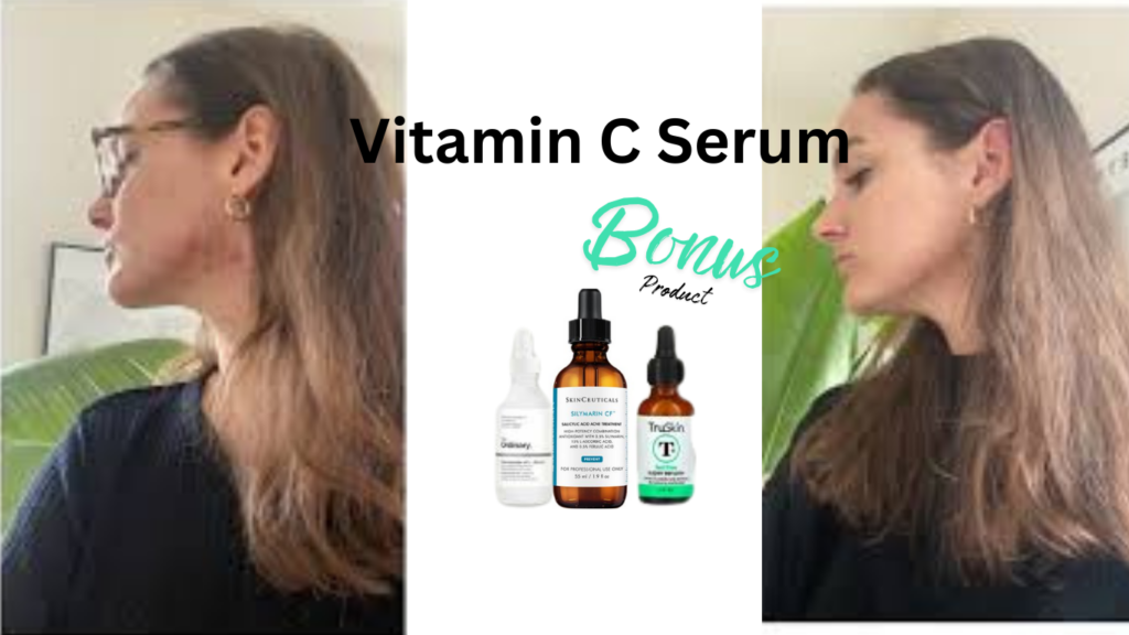 A woman demonstrating an effective skincare routine with Vitamin C Serum as a bonus product for skin rejuvenation, showing before and after results.