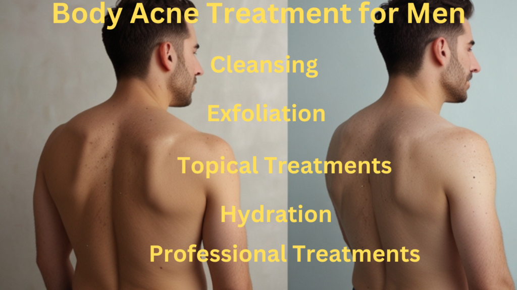 A man demonstrating a 5-step skincare routine for treating body and back acne, with visible before and after results.