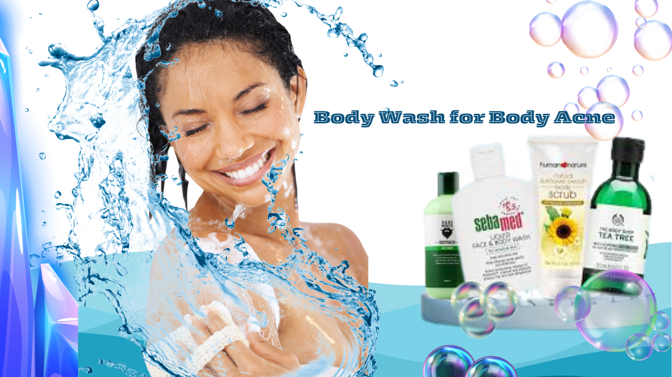 A girl using body wash for body acne with a sea splash background and several body wash bottles displayed.