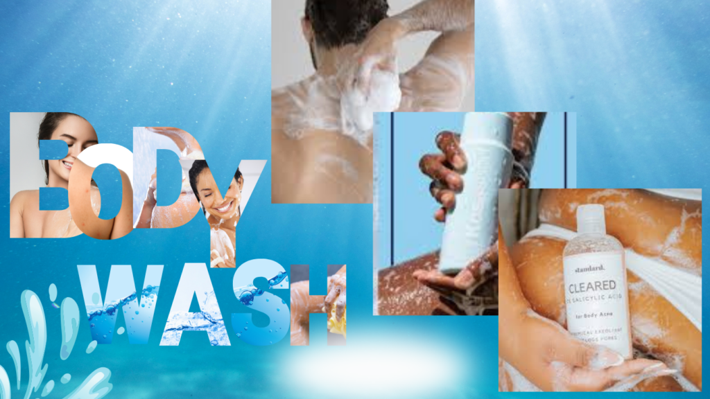 Various images of using body wash for body acne with a sea splash.
