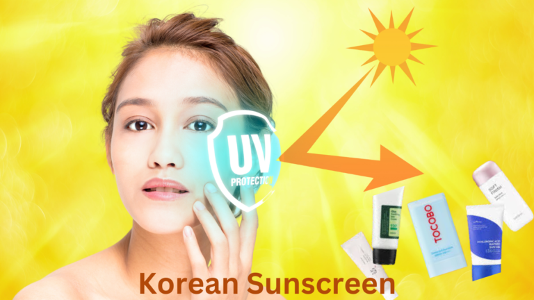 A girl smiling confidently outdoors after applying Korean sunscreen, with UV sun rays visibly deflected from her protected skin.