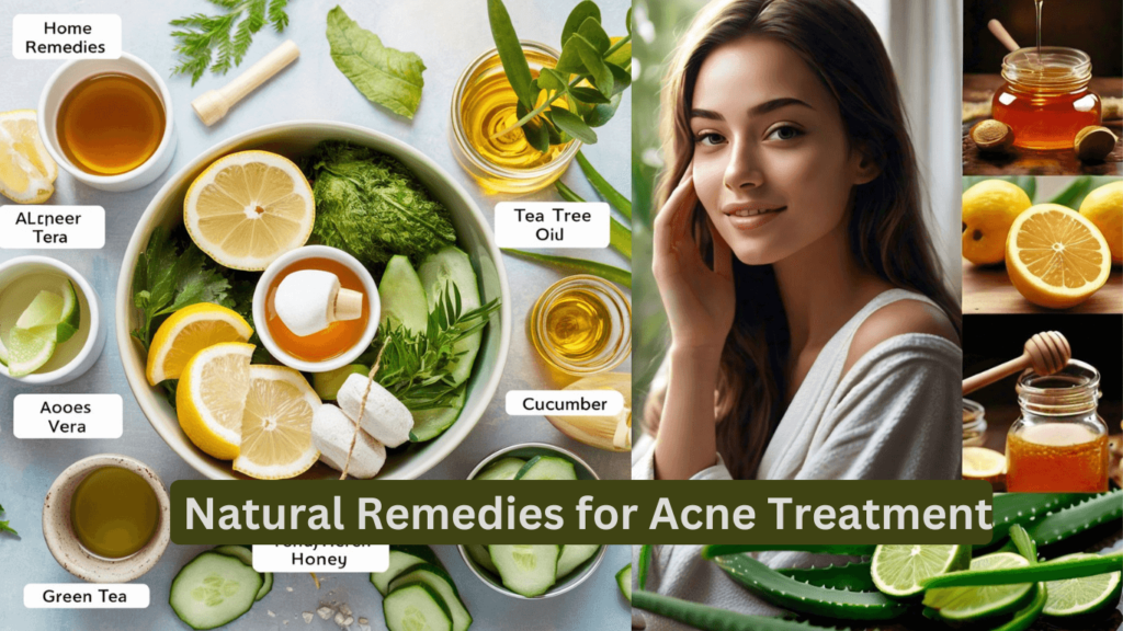 A girl with beautiful skin surrounded by natural remedies like aloe vera, tea tree oil, and honey