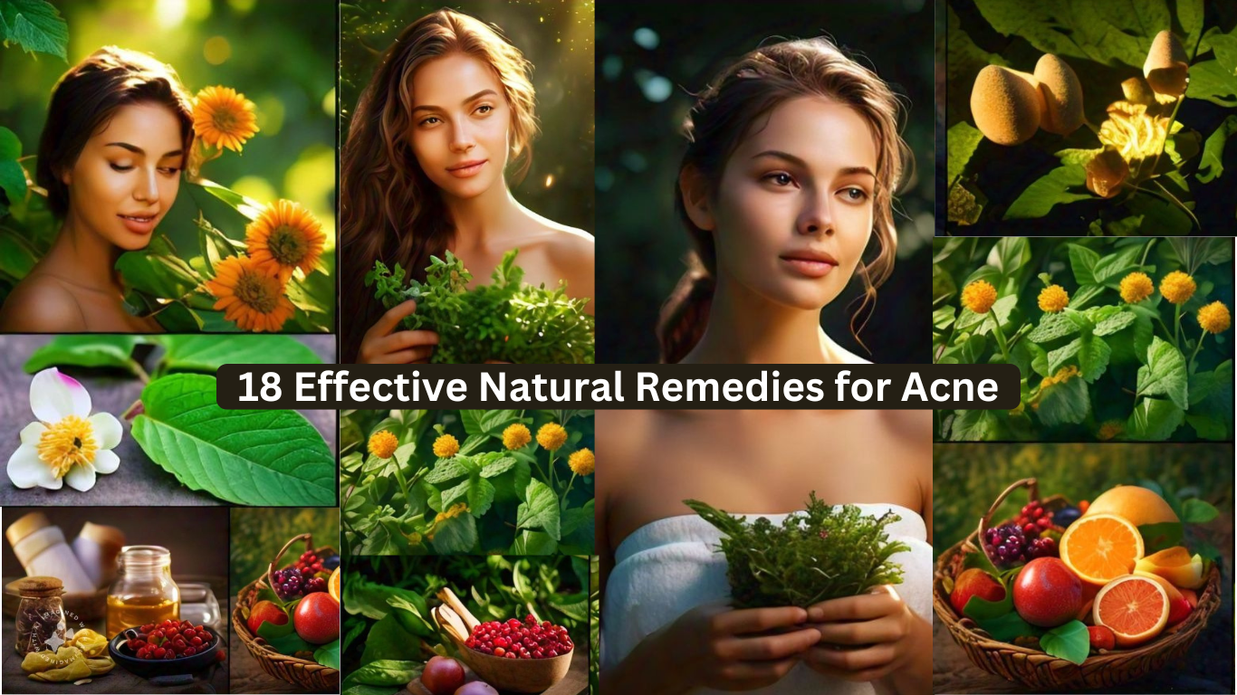 Three girls with clear skin holding plants and a sunflower, surrounded by icons of natural remedies.