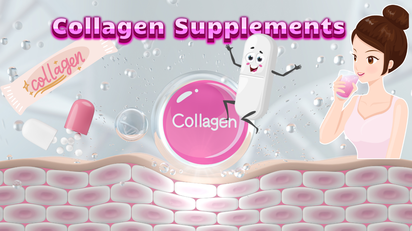 A woman character taking collagen supplements alongside animated collagen characters.
