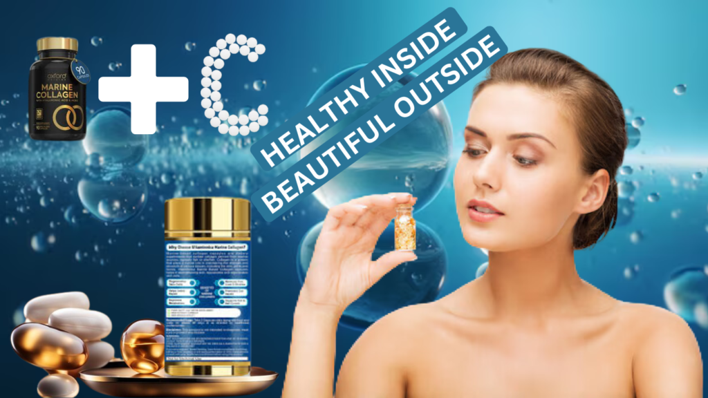 Beautiful woman holding marine collagen supplements alongside vitamin C, highlighting their combined benefits.
