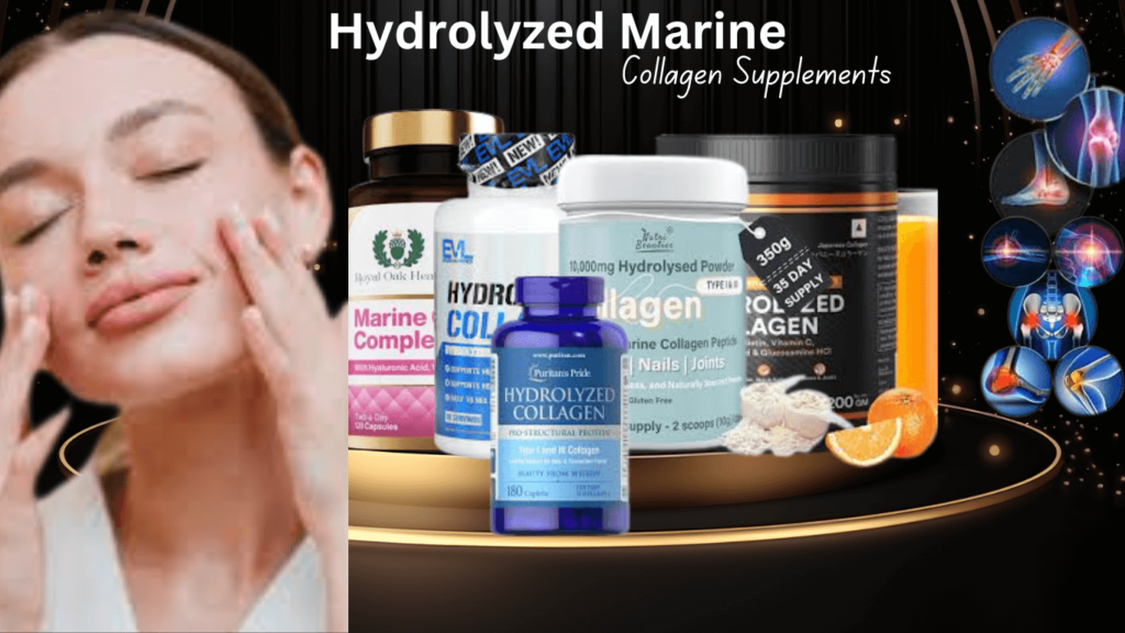 Multiple hydrolyzed marine collagen supplements with a beautiful woman showcasing the benefits of collagen.