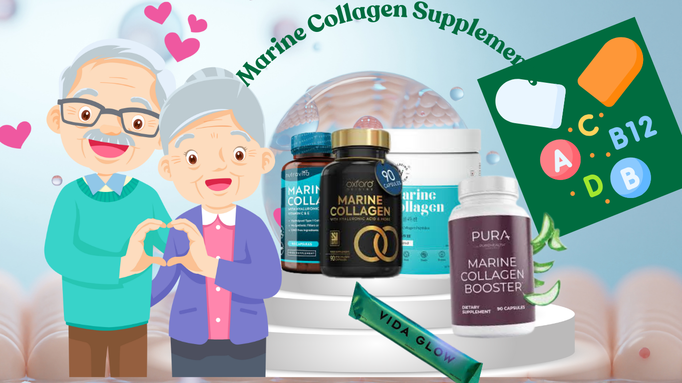 Marine Collagen Supplements with happy characters showing improved skin, hair, and overall wellness.
