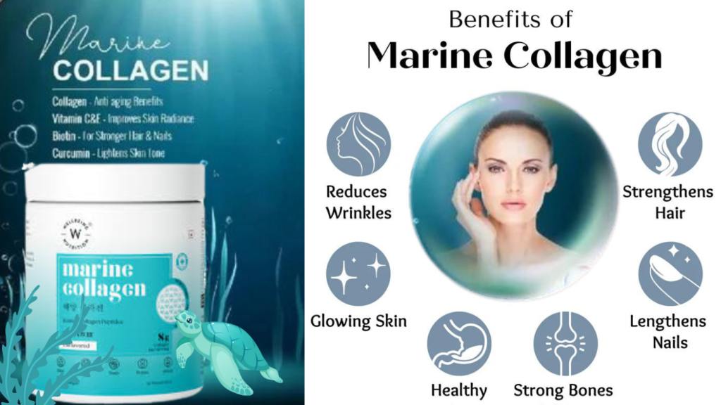 Marine collagen supplements with sea elements and a beautiful woman highlighting the benefits for skin and health.