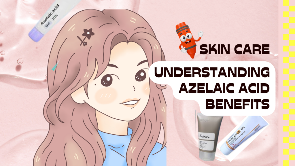 A beautiful girl character smiles while another character writes the heading for Skincare"Understanding Azelaic Acid Benefits"
