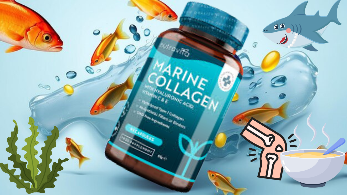 Marine collagen supplements submerged in the deep sea with fishes swimming around.