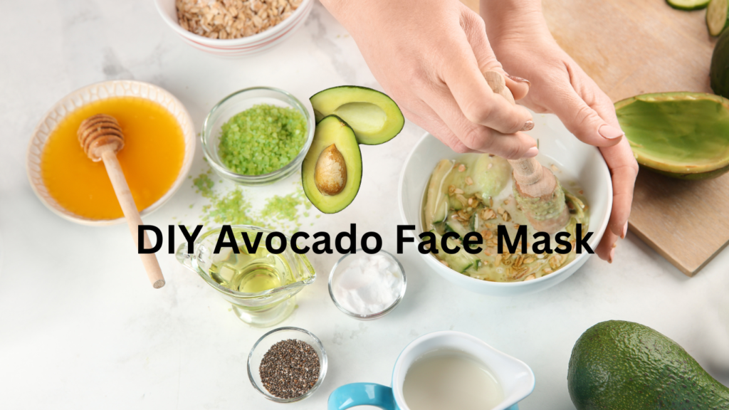 Ingredients for a DIY avocado face mask, including avocado, honey, and yogurt.