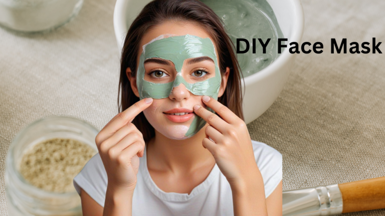A girl applying a DIY face mask with natural ingredients in the background.