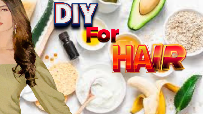 A beautiful girl with luscious hair, glowing after using a DIY hair treatment, with natural ingredients like coconut oil and bay leaves in the background.