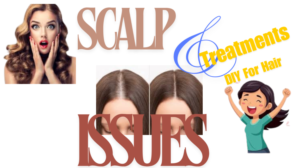 A beautiful girl closely examining a picture of her scalp issues, while a joyful character presents a DIY hair treatment as a solution.